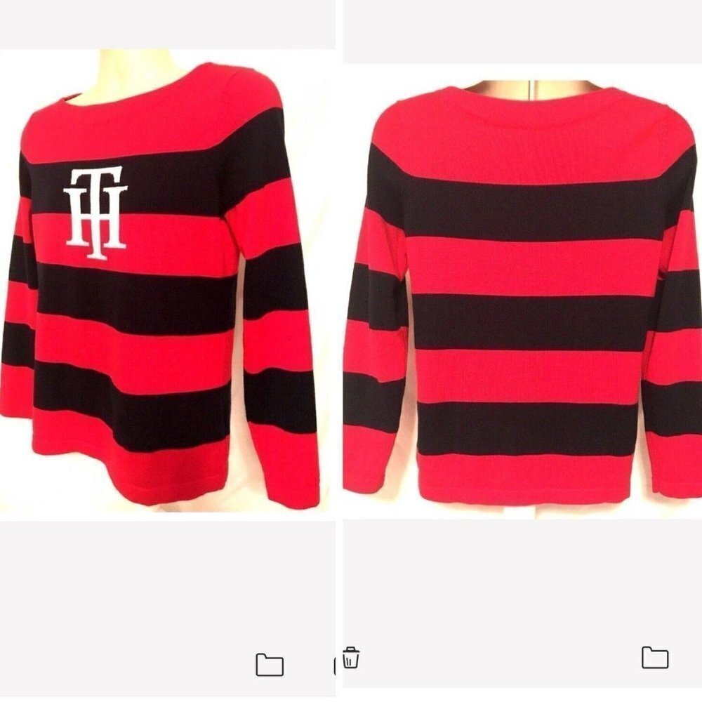 Tommy Hilfiger TH Red Blue Striped Fitted Pullover Sweater Medium Stretch Logo